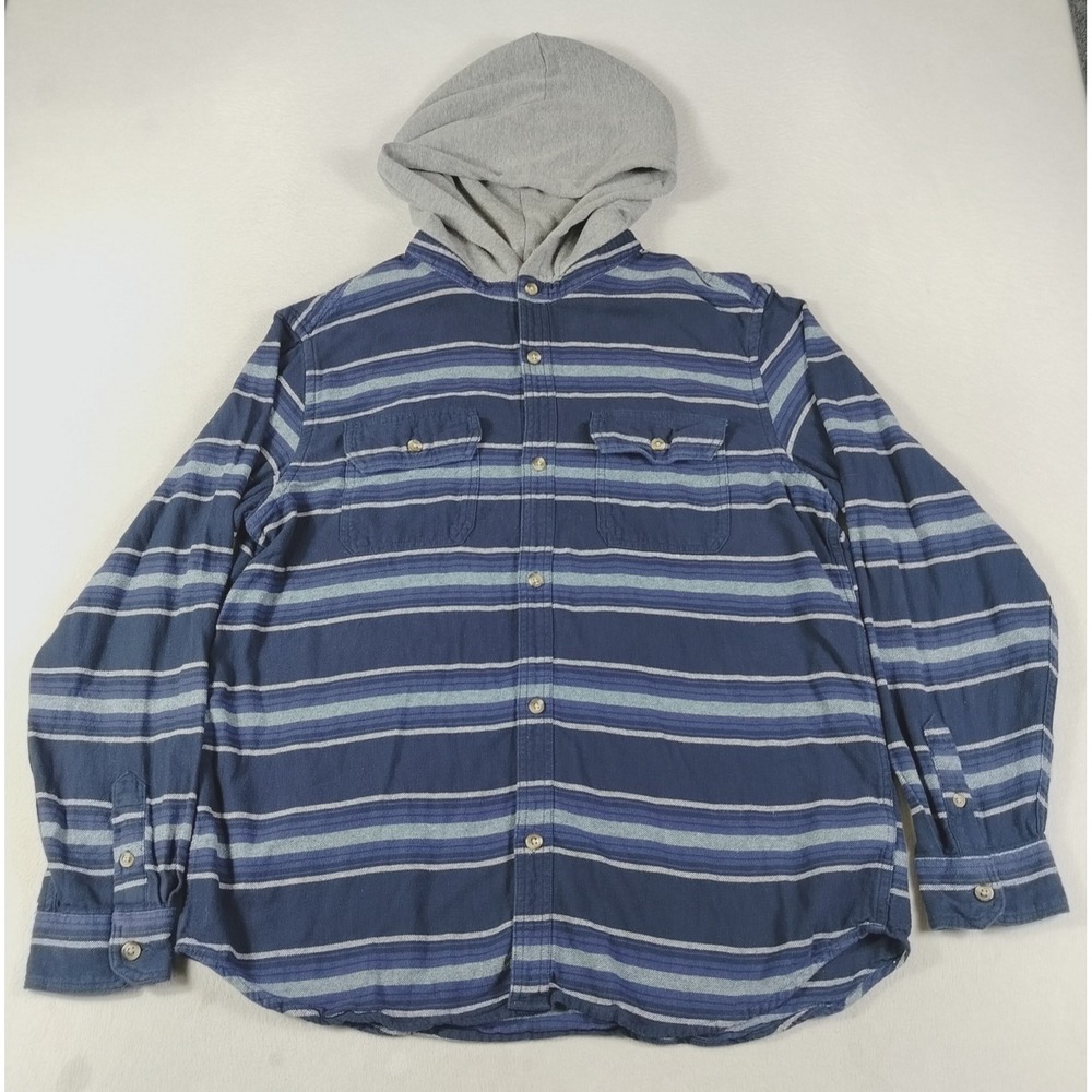 Old Navy Flannel Shirt Mens XLT Blue Striped Hooded Long Sleeve Double Brushed